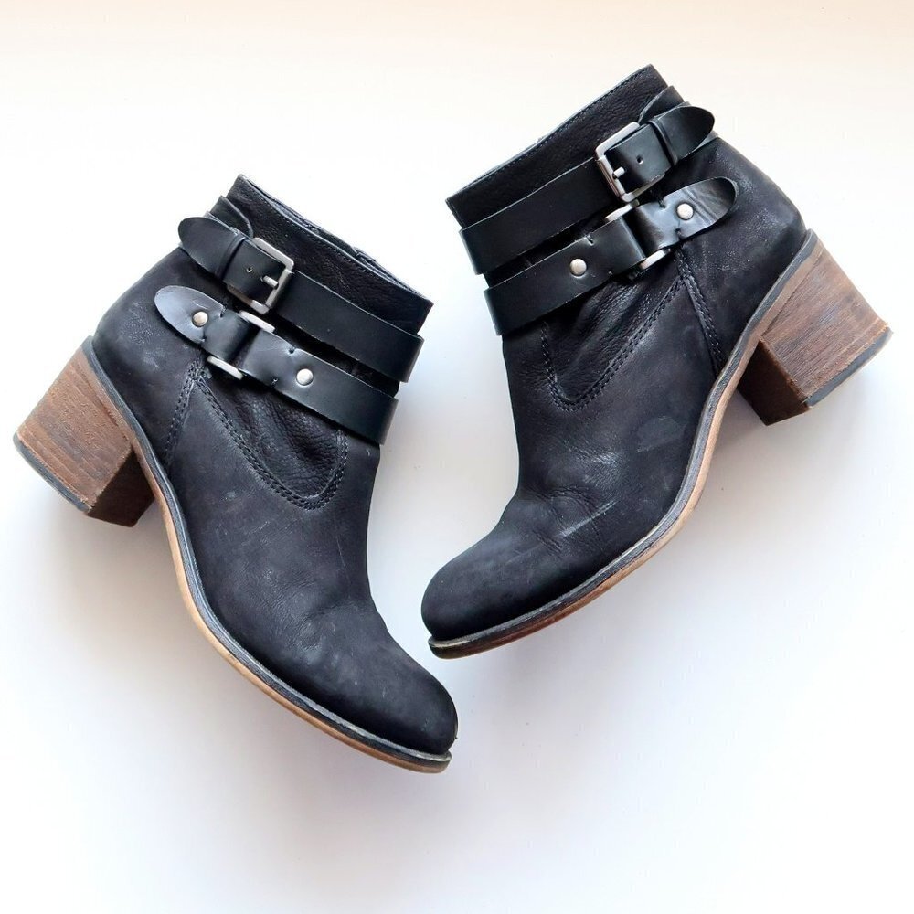 Franco Sarto Linden Black Nubuck Leather Block Heel Ankle Boots / Booties Size 7